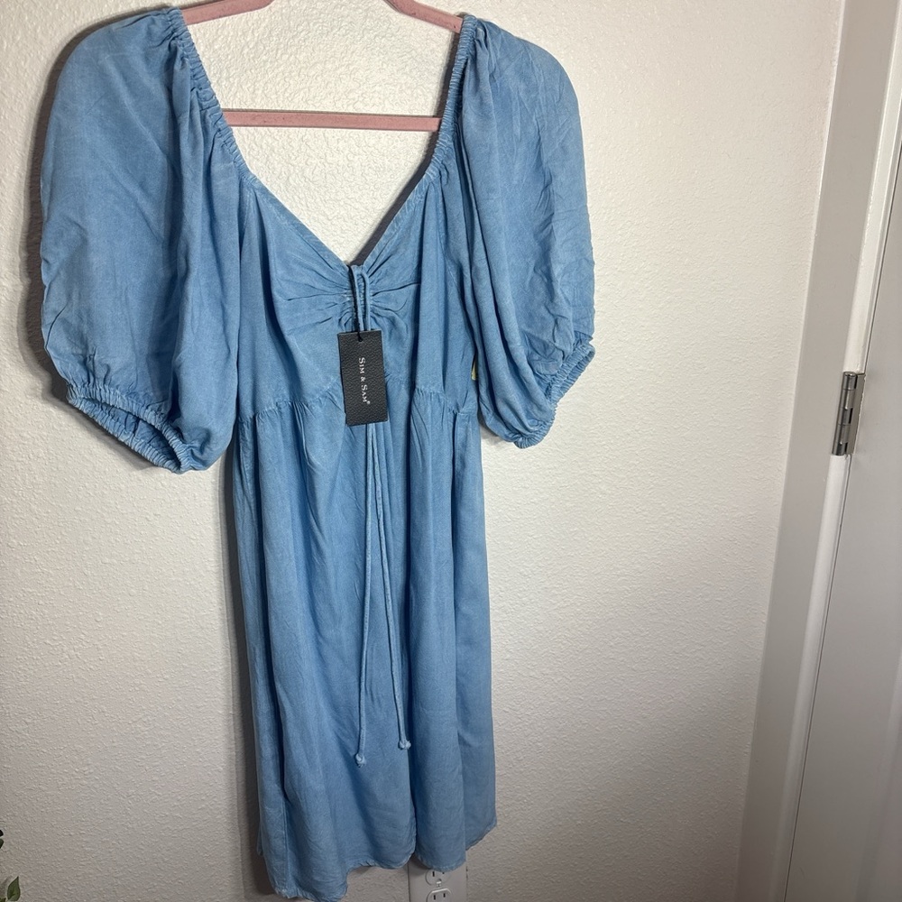 Chic Light Blue Puff Sleeve Midi Dress